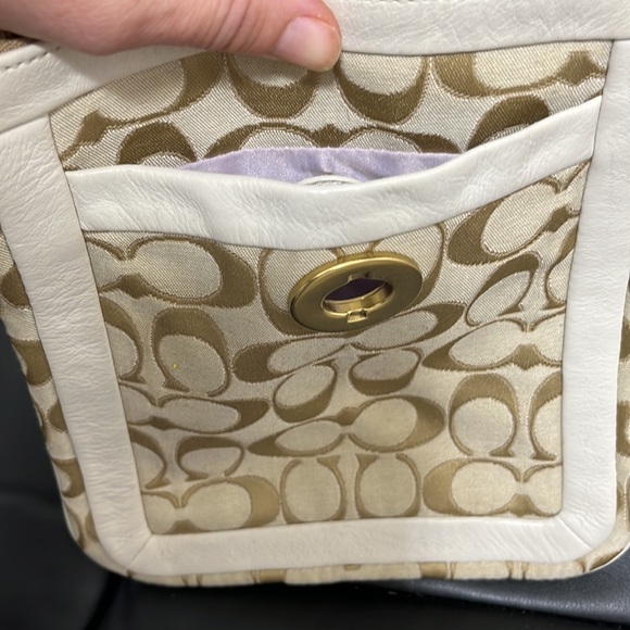 Coach Logo Crossbody Button Lock Inside Outside Pockets Cream Tan Leather Accent - Picture 8 of 10